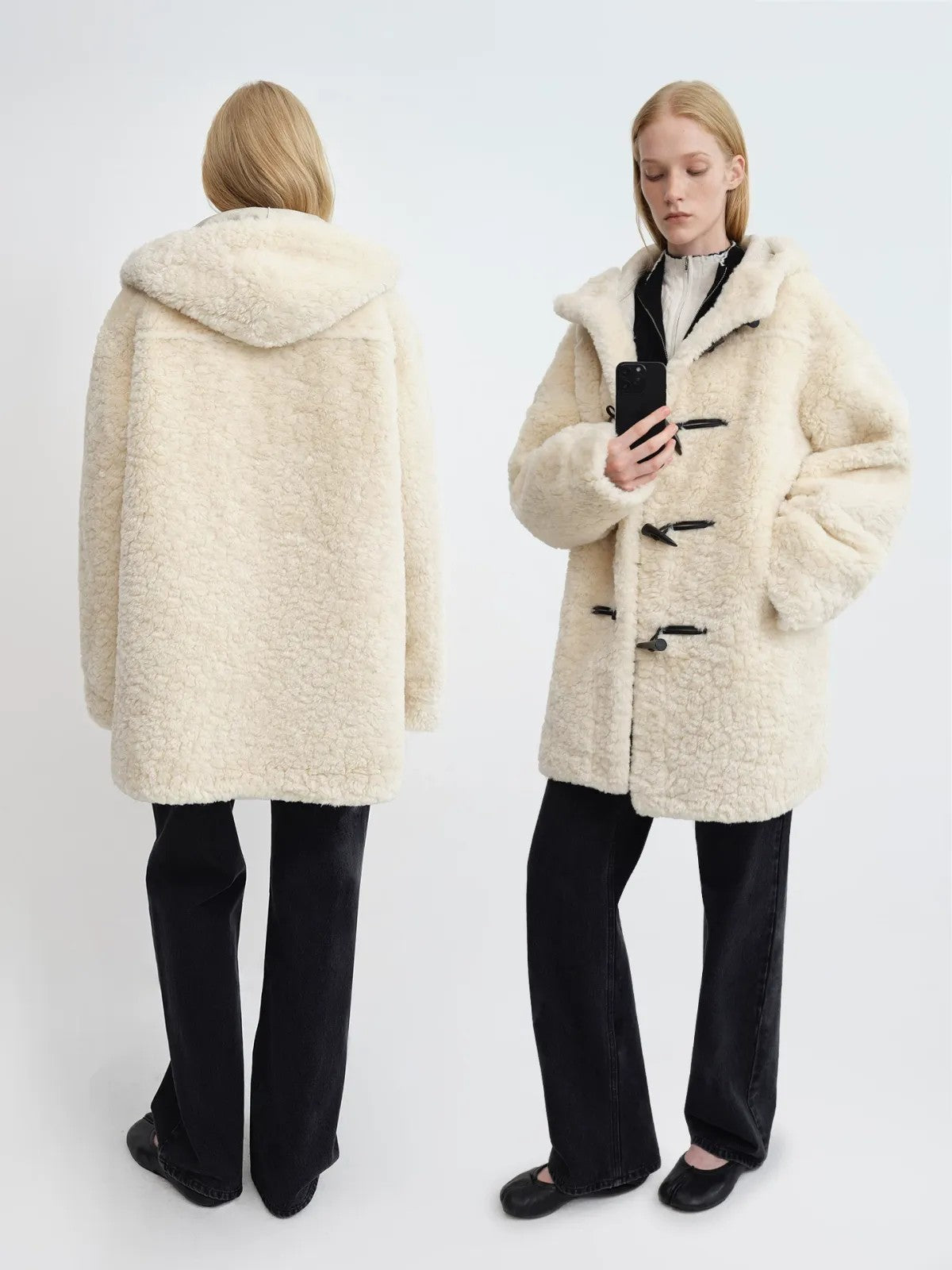 RARELY ALIKE Hooded Faux Shearling Duffle Coat in White - On Model