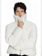 PUKI Cropped Down Puffer with Fur Collar in White - On Model