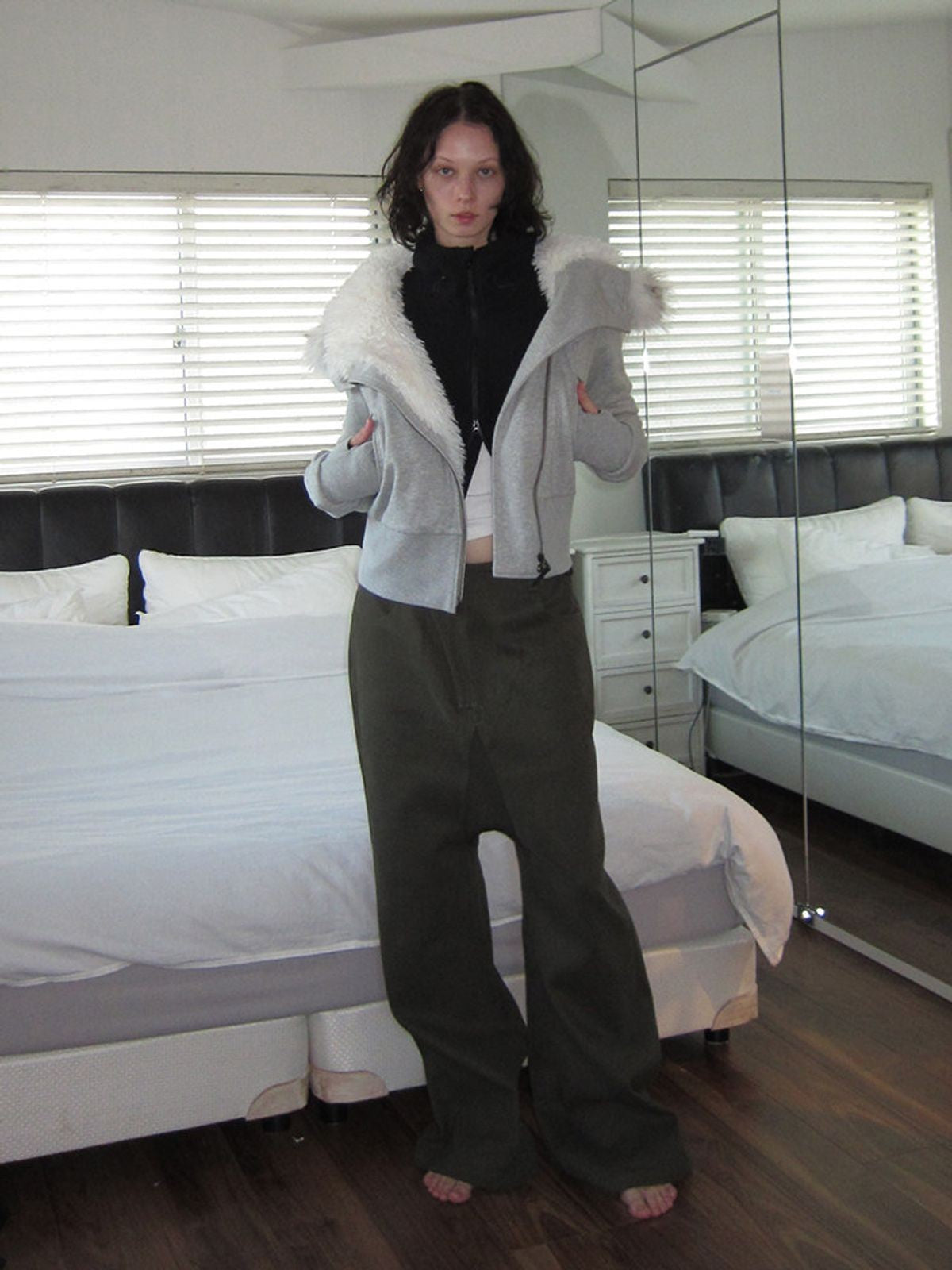 RARELY ALIKE Asymmetric Zip Hooded Jacket in Gray - On Model