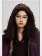 MasonPrince Faux Fur Hooded Puffer in Burgundy - On Female Model