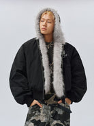 MEDM Faux Fur Trim Padded Jacket in Black - On Male Model