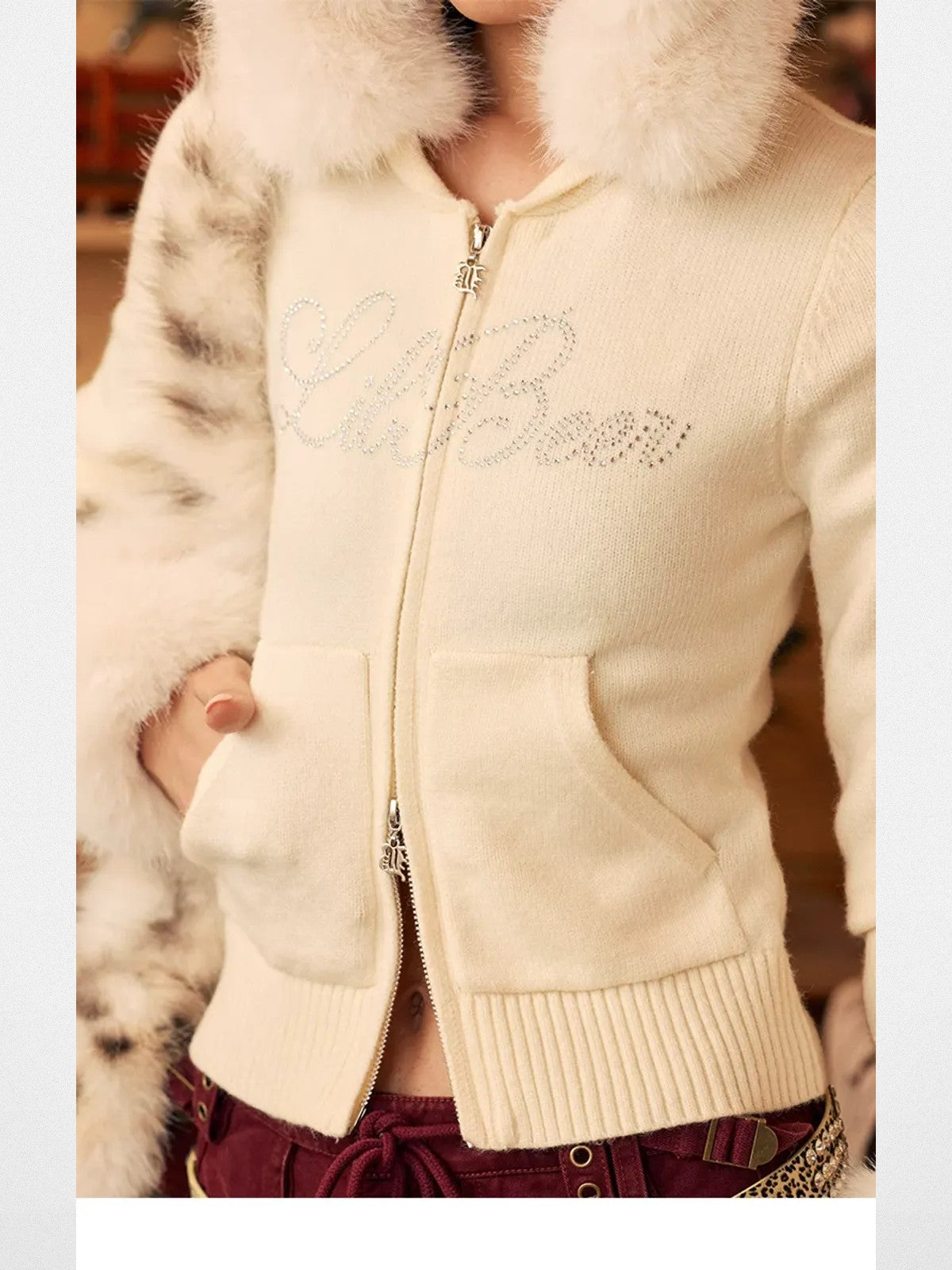 BeerBro Fur Trimmed Rhinestone Knit Hoodie in Apricot - On Model