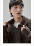 NANS Heavyweight Raglan Zip Cardigan in Brown - On Model