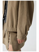 Simple Project Suede Texture Raglan Jacket in Khaki - On Female Model