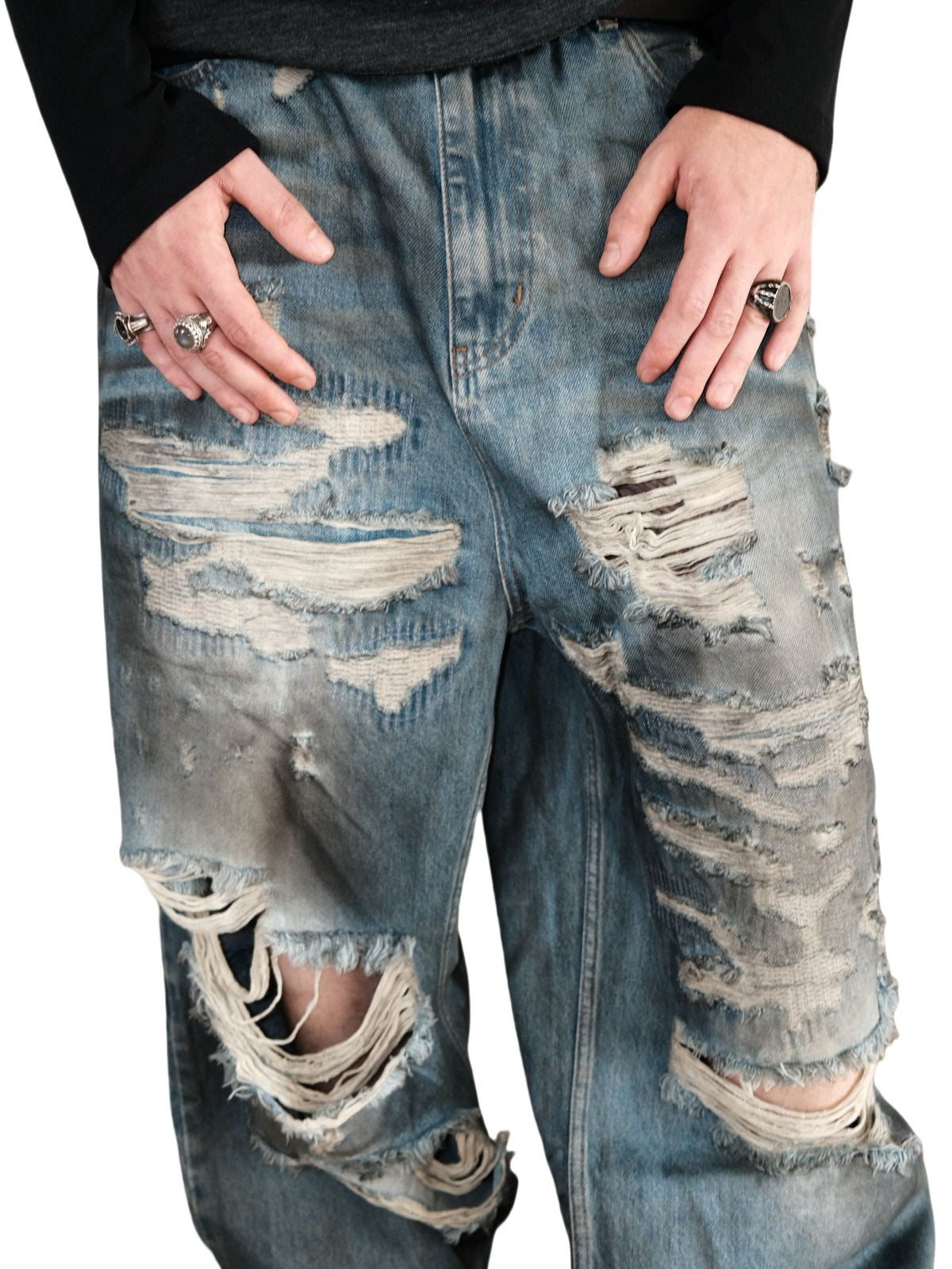 UNKNOWNWORLD Distressed Boro Mud Dyed Jeans in Denim - On Model