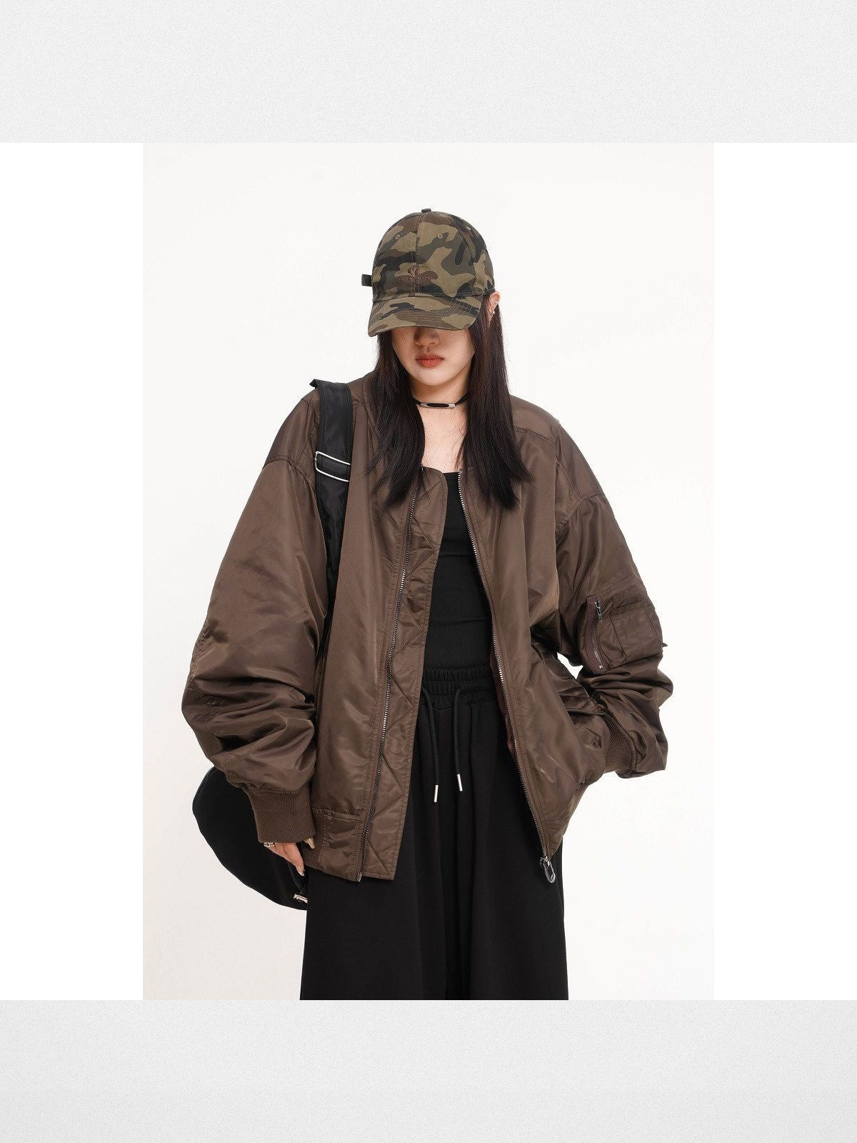 THELIGHT OFFICIAL Oversized Nylon Bomber Jacket in Brown - On Model