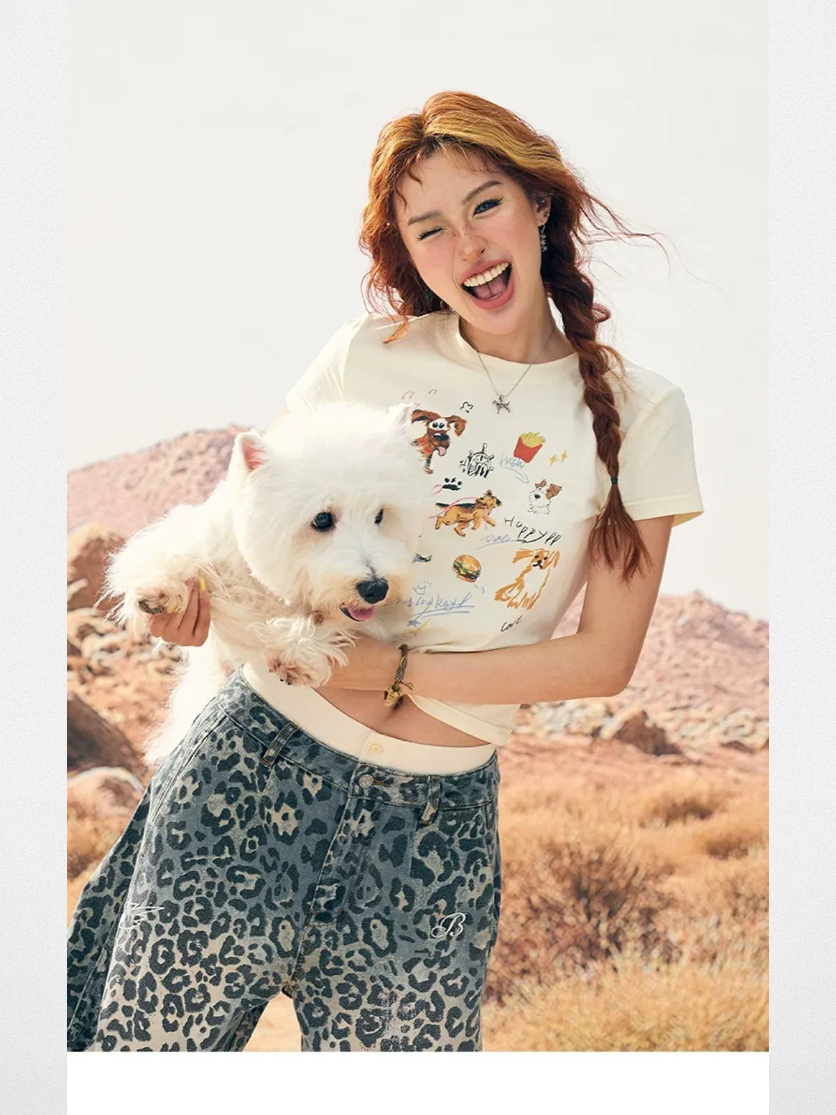 BeerBro Puppy Print Baby Tee in White - On Model