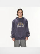 BLINDNOPLAN Faux Two Piece Graphic Hoodie in Navy Blue - On Model