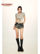 BeerBro Plaid Cross Front Crop Shirt in Mint - On Model