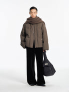 NANS Textured Twill Down Puffer in Brown - On Model