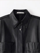 Randompiece Matte PU Leather Short Sleeve Shirt Jacket in Black - Detail