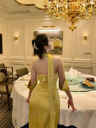 1S STUDIO Acetate Satin Strapless Dress in Yellow - On Model