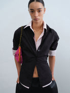 RARELY ALIKE Two Way Tie Waist Cotton Shirt in Black - On Model