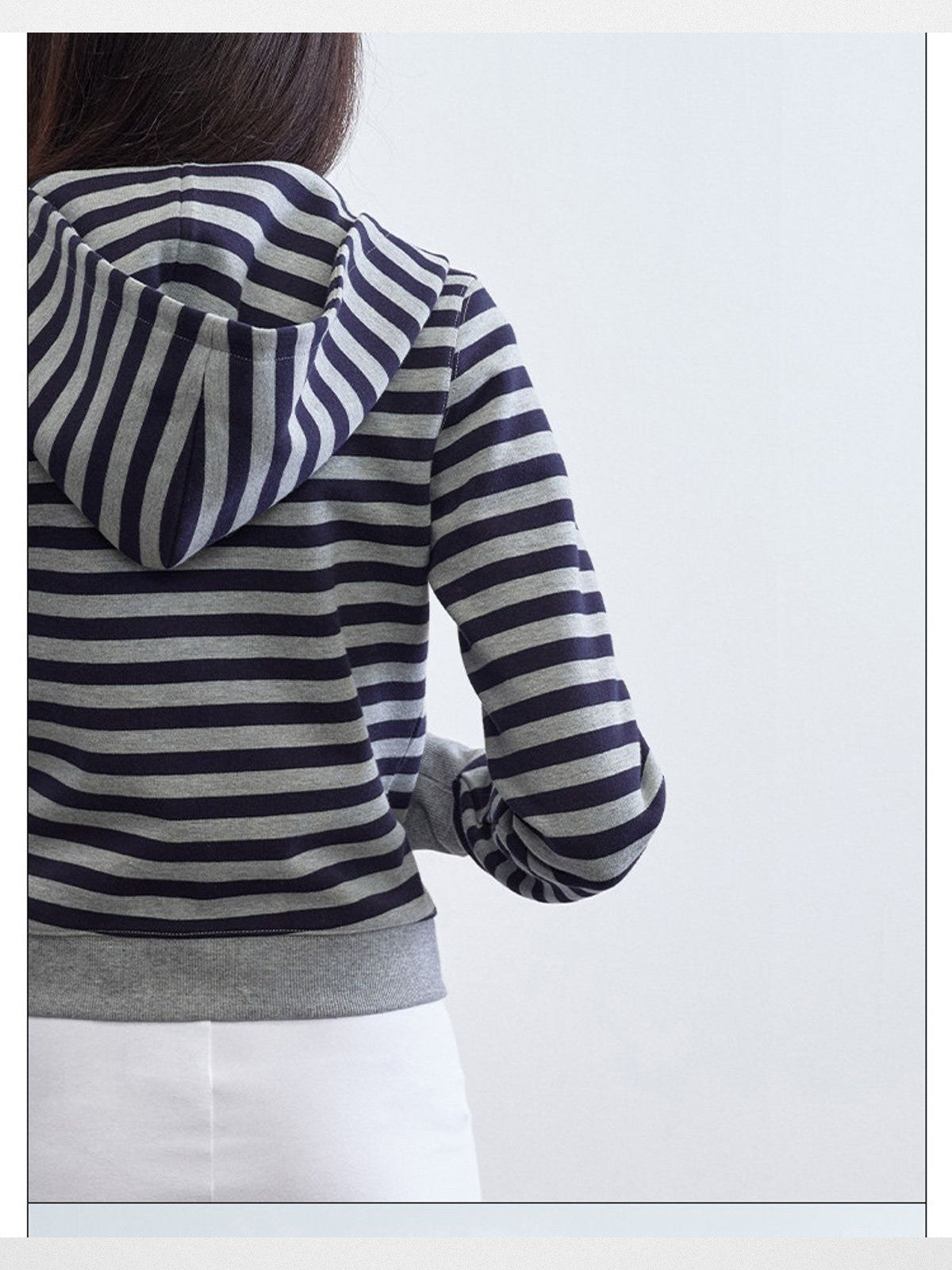 RARELY ALIKE Striped Cotton Cropped Hoodie in Navy - On Model