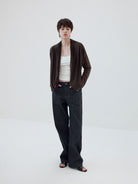Simple Project Linen Blend Cowl Neck Cardigan in Brown - On Model