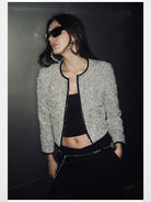 RARELY ALIKE Silver Sequin Tweed Cropped Jacket in Silver - On Model