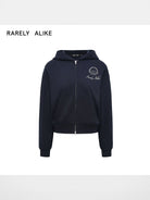 RARELY ALIKE Comfort Club Graphic Zip Up Hoodie in Navy Blue