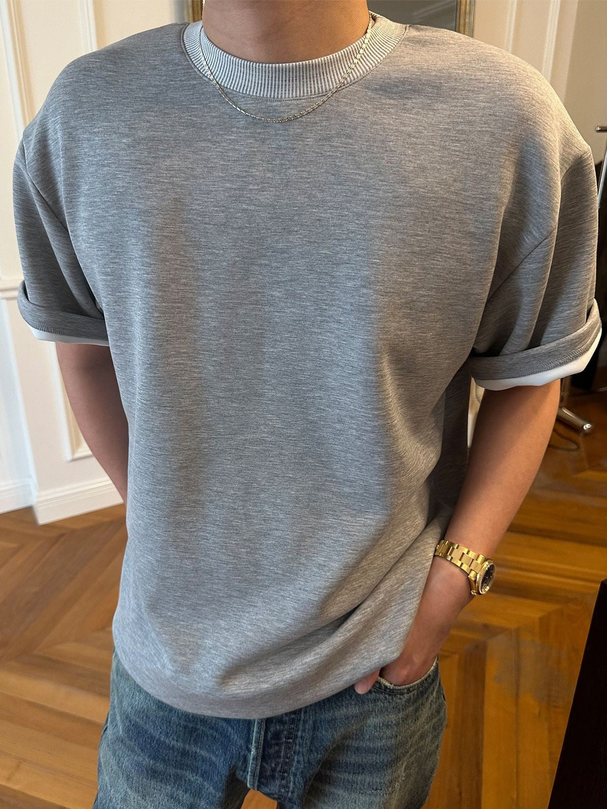 Roolrren Homme Structured Modal Air Layer T Shirt in Heather Gray - On Model