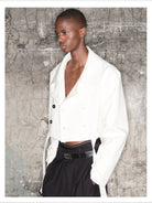 TRIANGLE PROJECT Deconstructed Double Breasted Jacket in White - On Model