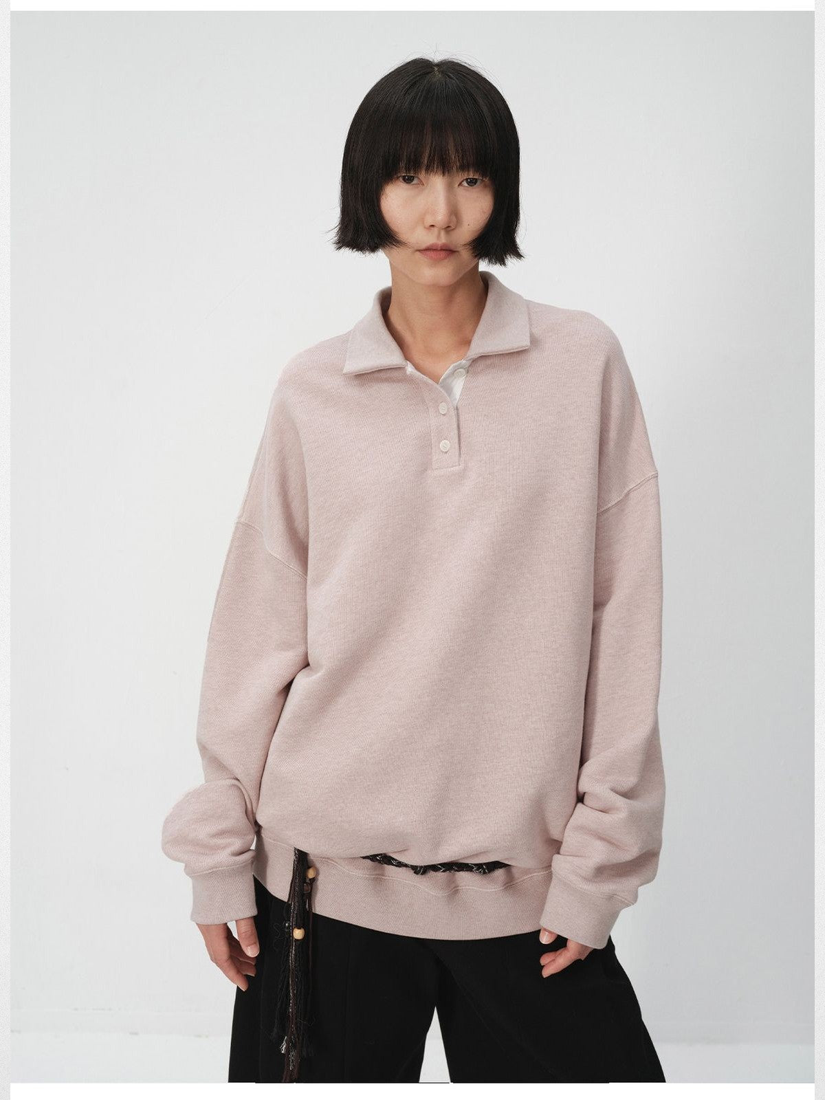 RandomPiece Cotton Polo Collar Sweatshirt in Pink - On Model