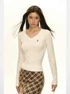 Ariseism Slim V Neck Cable Knit Sweater in White - On Model