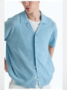 NANS Washi Blend Camp Collar Knit in Sky Blue - On Model