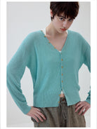 Simple Project Textured Linen Blend Cardigan in Teal - On Female Model