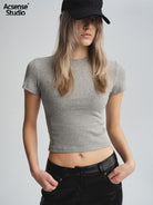 Acsense Studio Brushed Structured Shoulder Tee in Gray - On Model