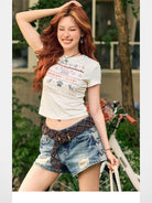 BeerBro Mosaic Puppy Graphic Baby Tee in White - On Model