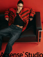 ACSENSE STUDIO Striped Brushed Mohair Blend Cardigan in Red - Lifestyle