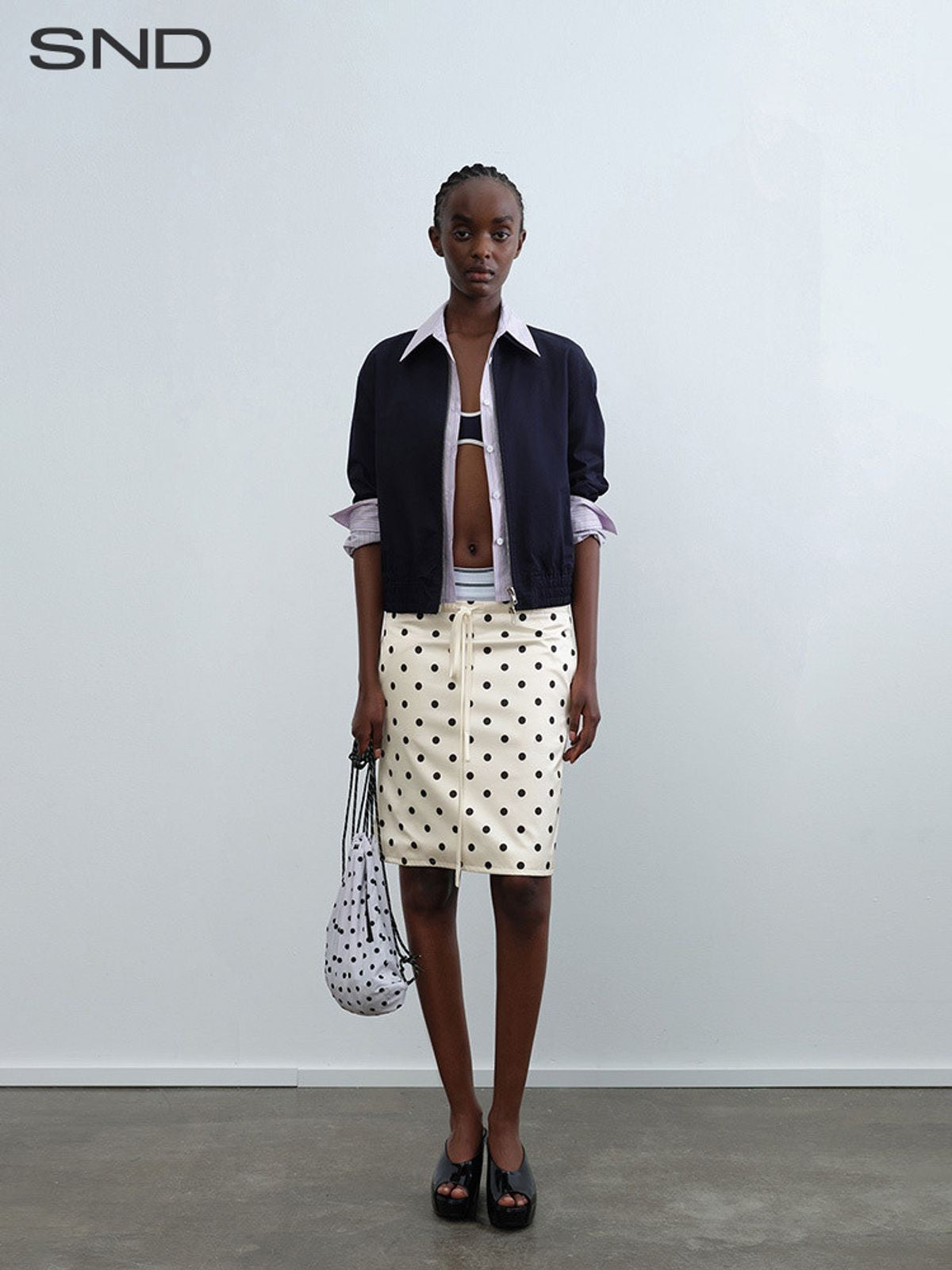 RARELY ALIKE Faux Two Piece Striped Collar Jacket in Navy Blue - On Model