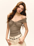 Ariseism Twisted Off Shoulder Top in Beige - On Model