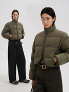 MasonPrince Cropped Down Puffer Jacket in Olive - On Female Model