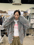 NeverSeez Plush Wool Blend Lantern Cardigan in Gray - On Female Model