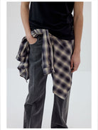 Simple Project Ruched Plaid Shawl Collar Shirt in Off-White - On Male Model