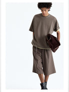 NANS Hand Stitched Fringe Oversized Tee in Beige - On Model