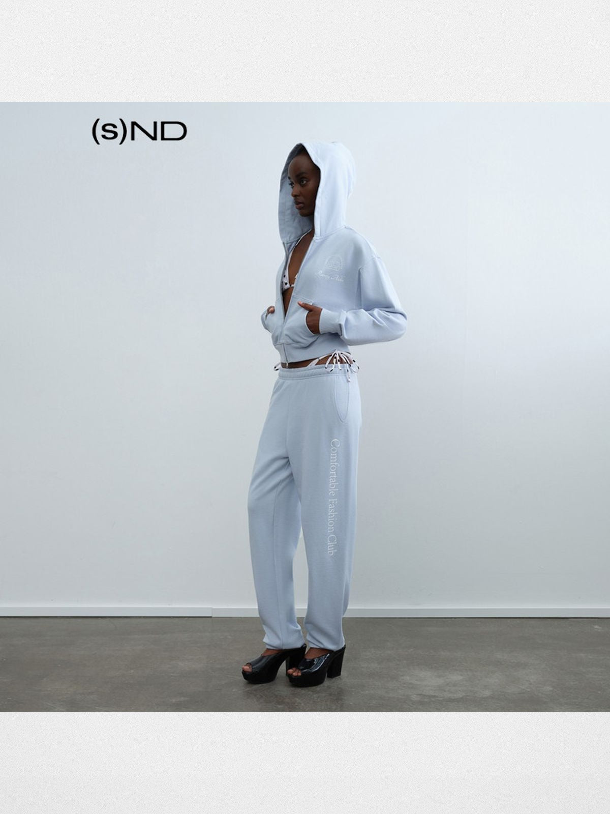 RARELY ALIKE Logo Print Zip Up Hoodie in Sky Blue - On Model