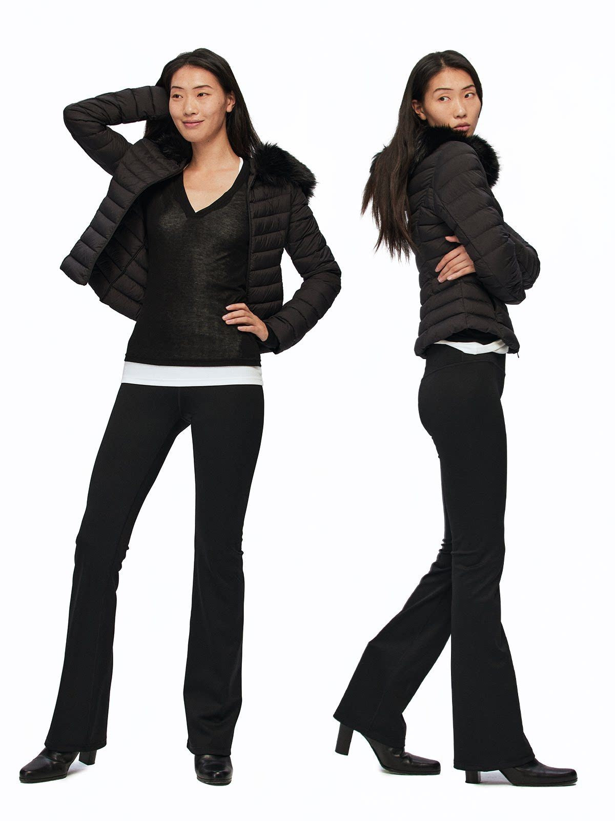 Alright then Slim Faux Fur Down Puffer in Black - On Model