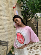 NeverSeez Gradient Fruit Print Quick Dry Tee in Pink - On Female Model