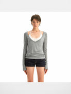 PUKI Mock Layered Striped Top in Gray - On Model