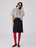 Simple Project Studded Script Logo T Shirt in Beige - On Female Model