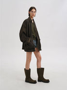 MasonPrince Wide Shaft Military Boots in Olive - On Model