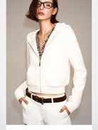 PUKI Cropped Cotton Blend Zip Hoodie in Cream - On Model