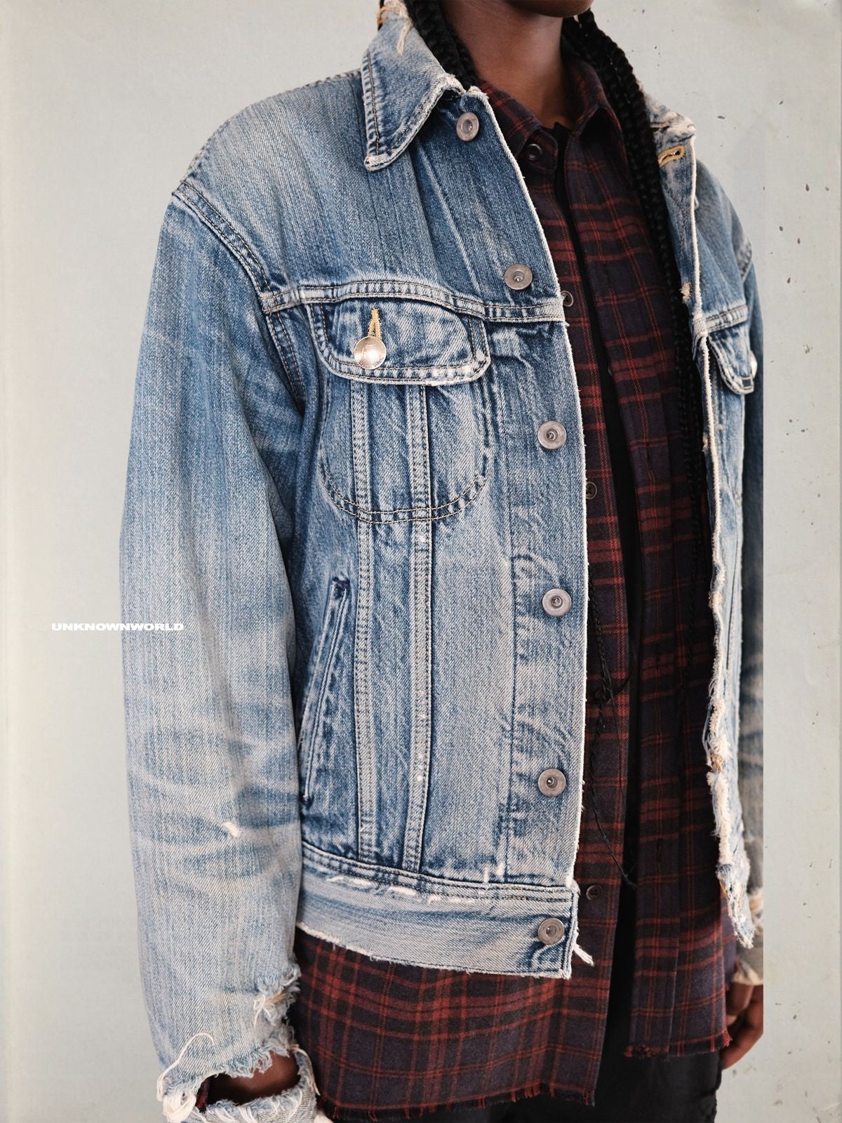 UNKNOWNWORLD Heavy Distressed Denim Jacket in Blue - On Model