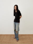 RandomPiece Linen Blend U Neck T Shirt in Black - On Model