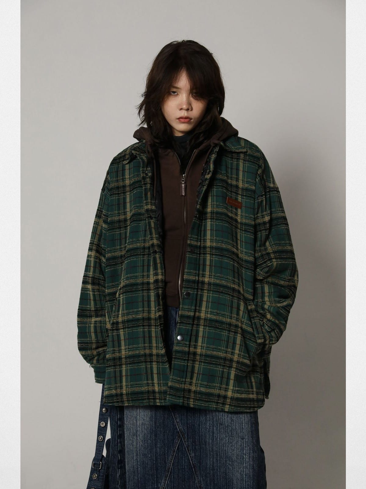MasonPrince Padded Fine Plaid Shirt Jacket in Green - On Female Model