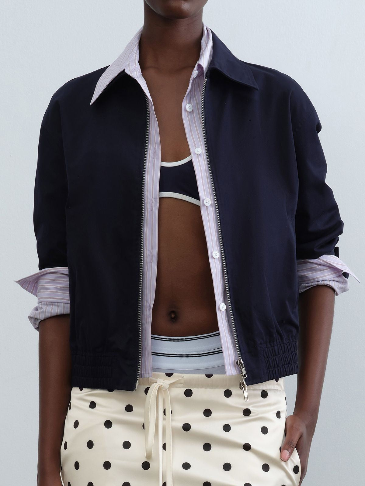 RARELY ALIKE Mock Layered Cotton Jacket in Navy Blue - On Model