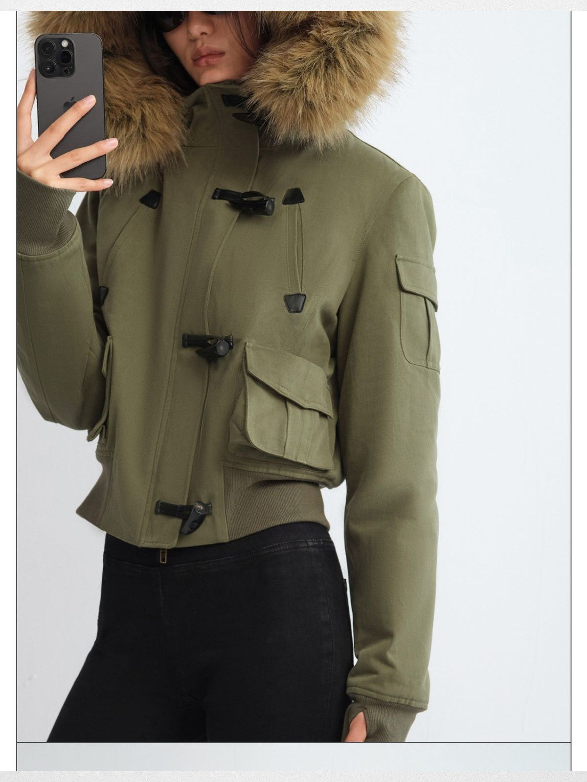 RARELY ALIKE Faux Fur Collar Cropped Jacket in Olive - On Model