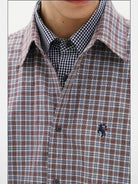 MASONPRINCE Layered Plaid Cotton Blend Shirt in Burgundy - On Model #color_burgundy