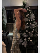 1S STUDIO Silver Sequin Cowl Neck Halter Dress in Silver - On Model